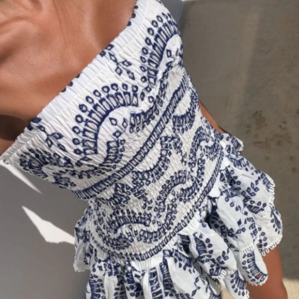 Yojani Boutique Santorini Dress Sz S Blue & White Greece Summer Mini Dress NWT